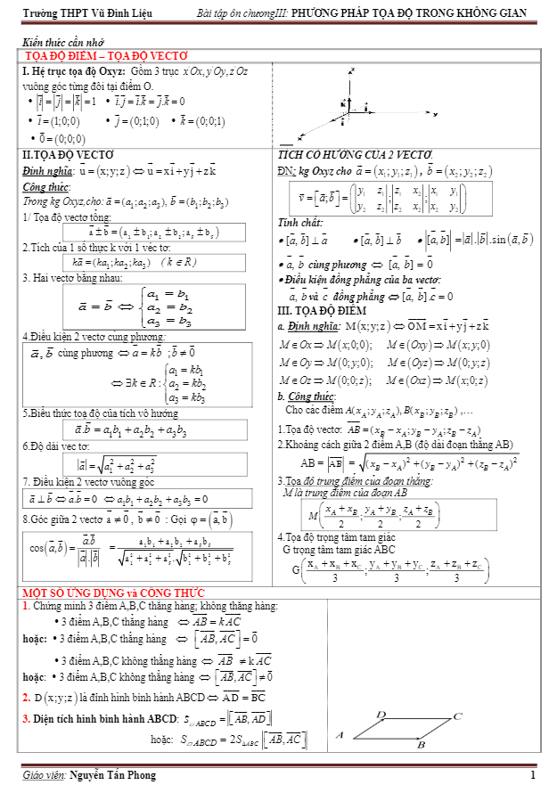 Bài tập trắc nghiệm ôn tập chương phương pháp tọa độ trong không gian – Nguyễn Tấn Phong
