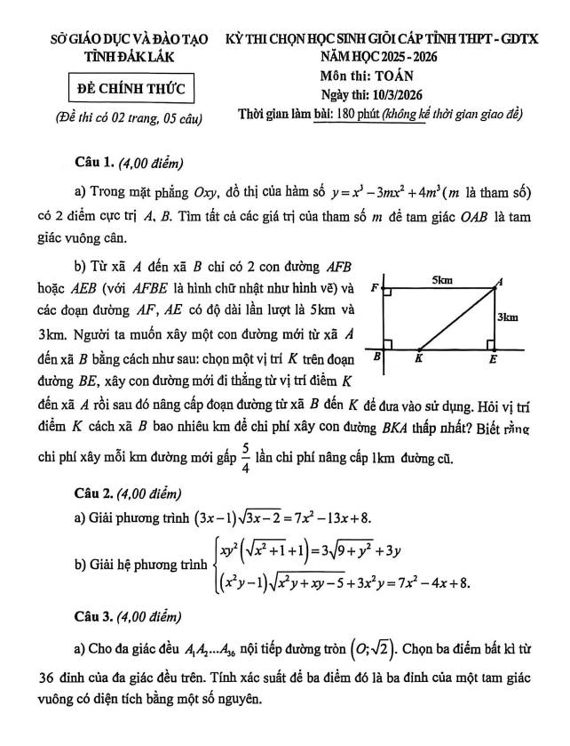 Đề chọn học sinh giỏi tỉnh Toán THPT năm 2025 – 2026 sở GD&ĐT Đắk Lắk