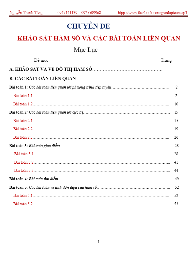 Khảo sát hàm số và các bài toán liên quan – Nguyễn Thanh Tùng