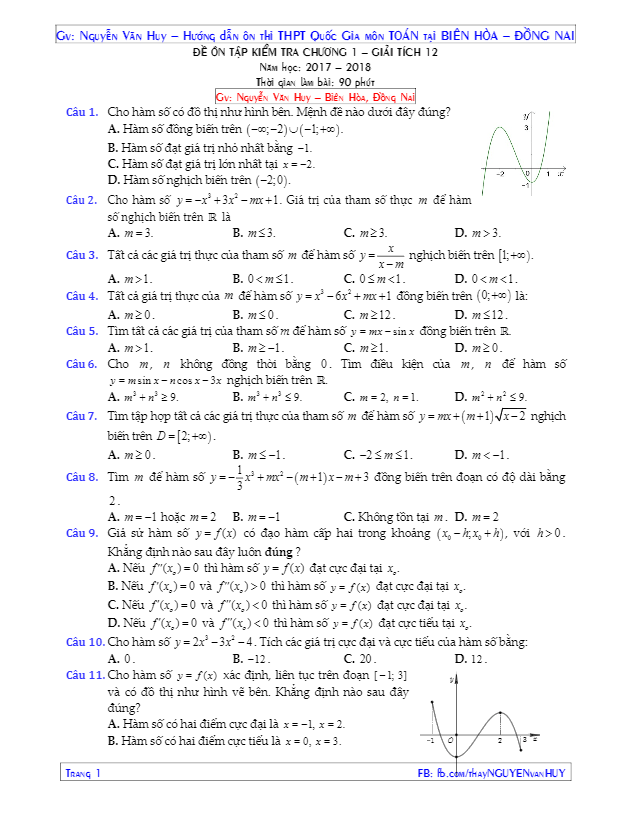 Đề kiểm tra Giải tích 12 chương 1 (Hàm số) – Nguyễn Văn Huy