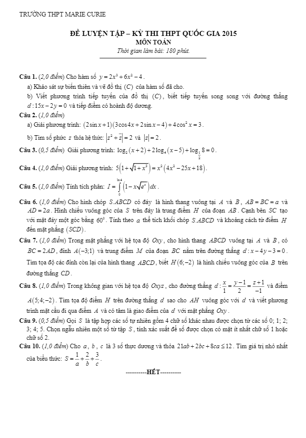 Đề thi thử THPT Quốc gia 2015 môn Toán trường Marie Curie
