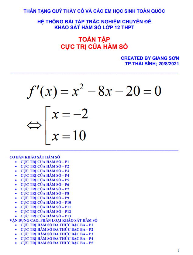 Toàn tập cực trị của hàm số