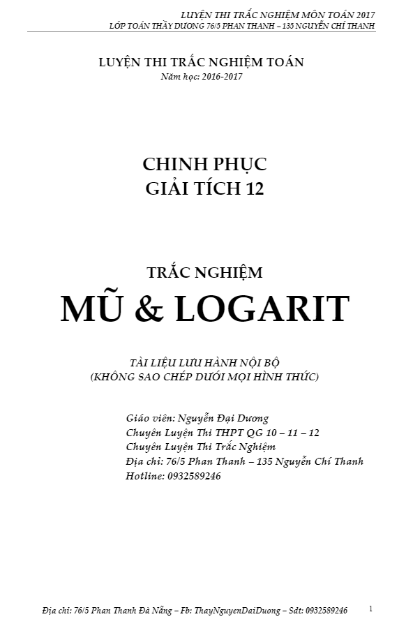 Bài tập trắc nghiệm mũ và logarit – Nguyễn Đại Dương