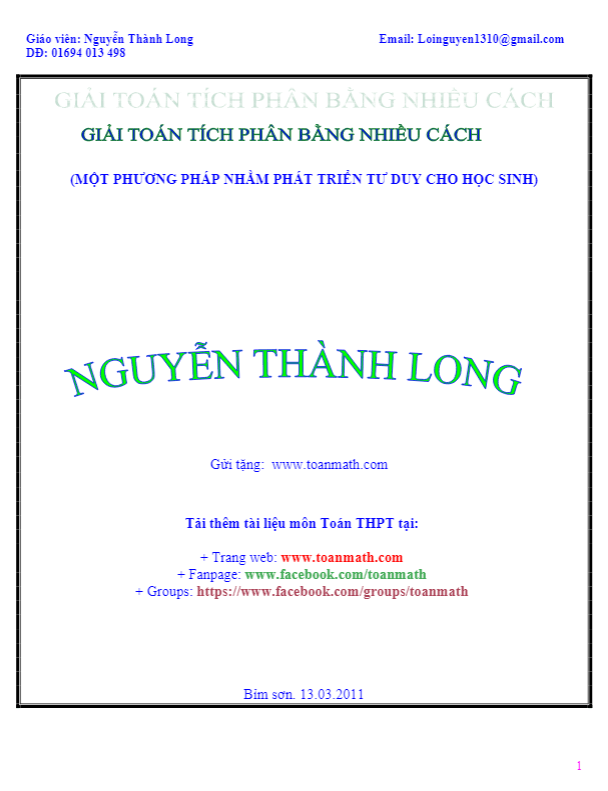 Giải toán tích phân bằng nhiều cách – Nguyễn Thành Long