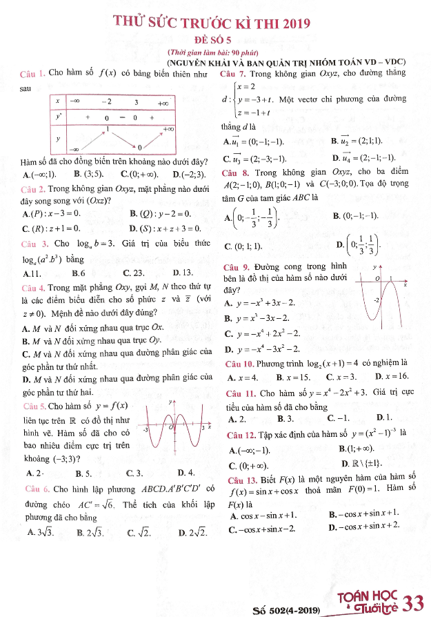 Đề thử sức trước kỳ thi THPT QG 2019 môn Toán – Toán Học Tuổi Trẻ (Đề số 5)